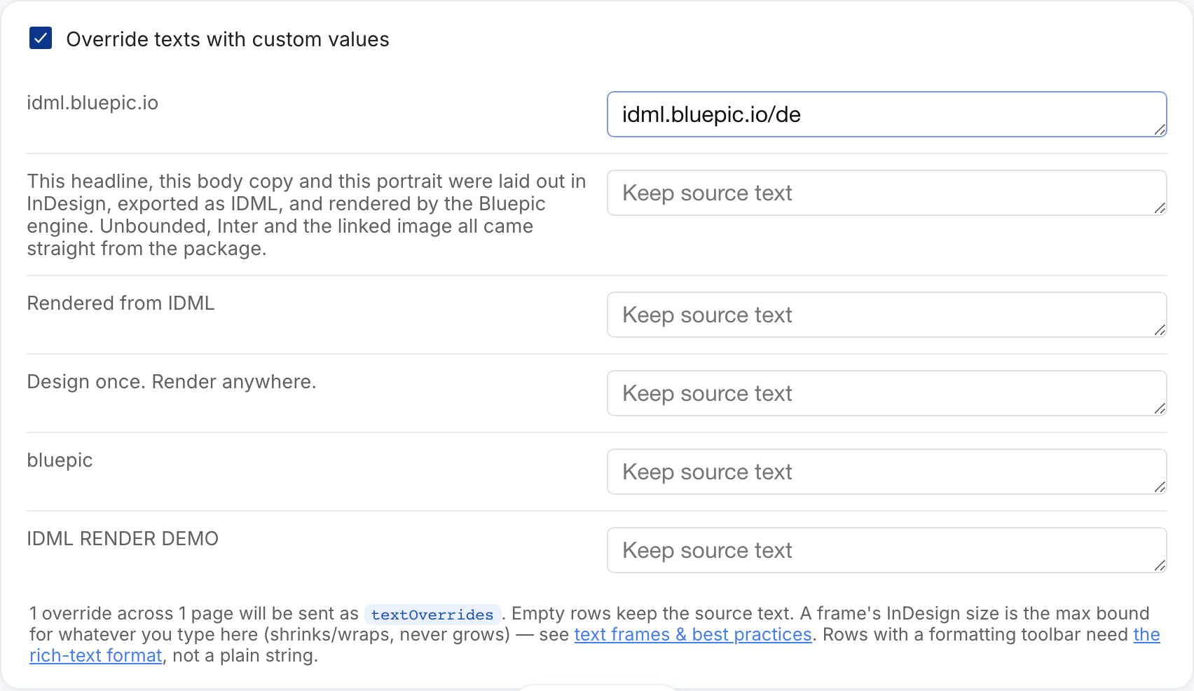 The API playground's override table — one row per text element, an empty box means "keep source text"